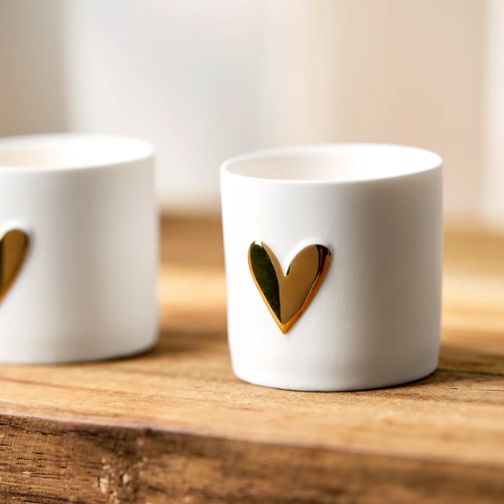 Conjunto de dois copos para velas | Coração dourado